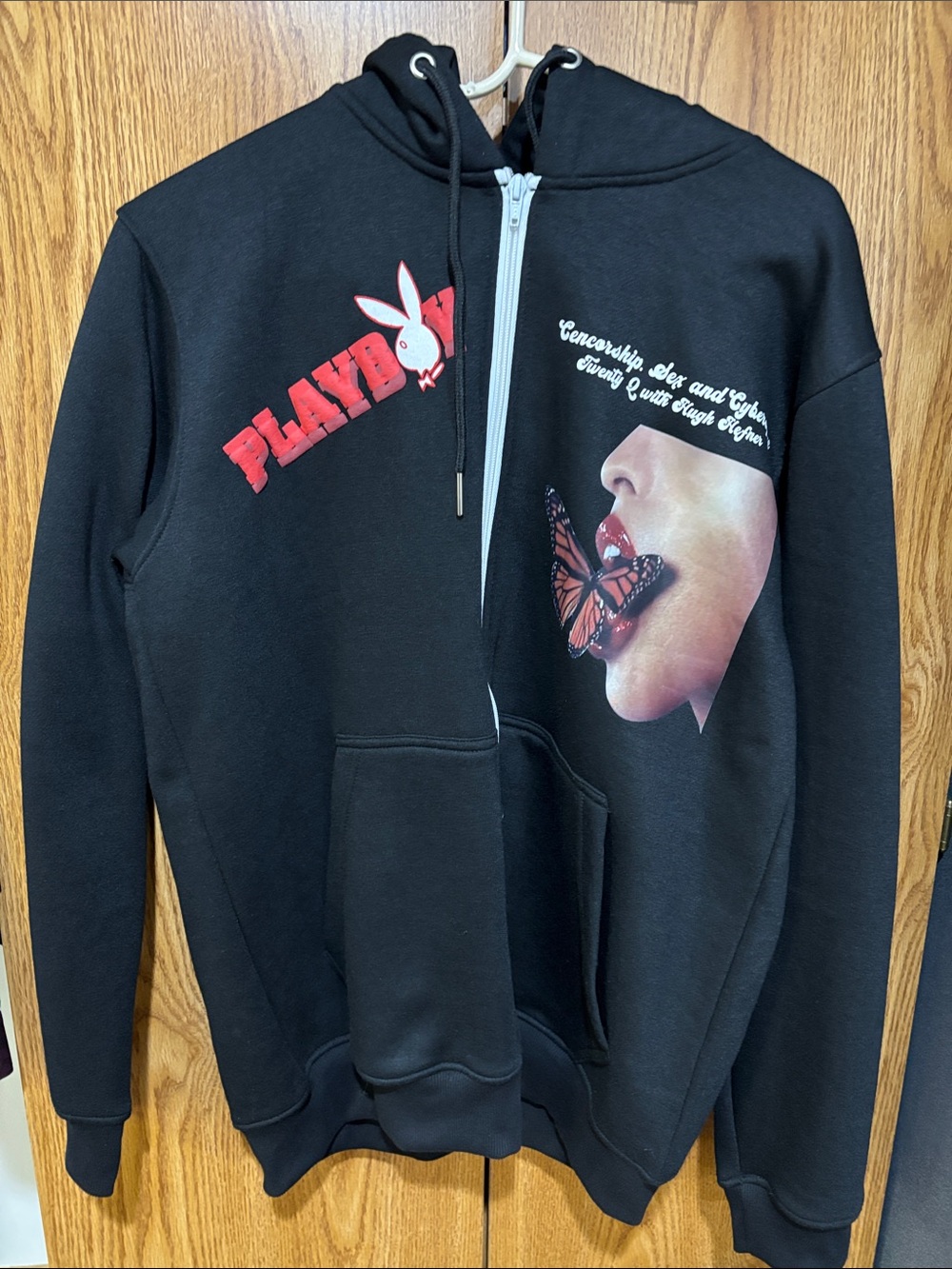 PLAYBOY Black Hoodie with Red Logo and Butterfly Mouth Graphic